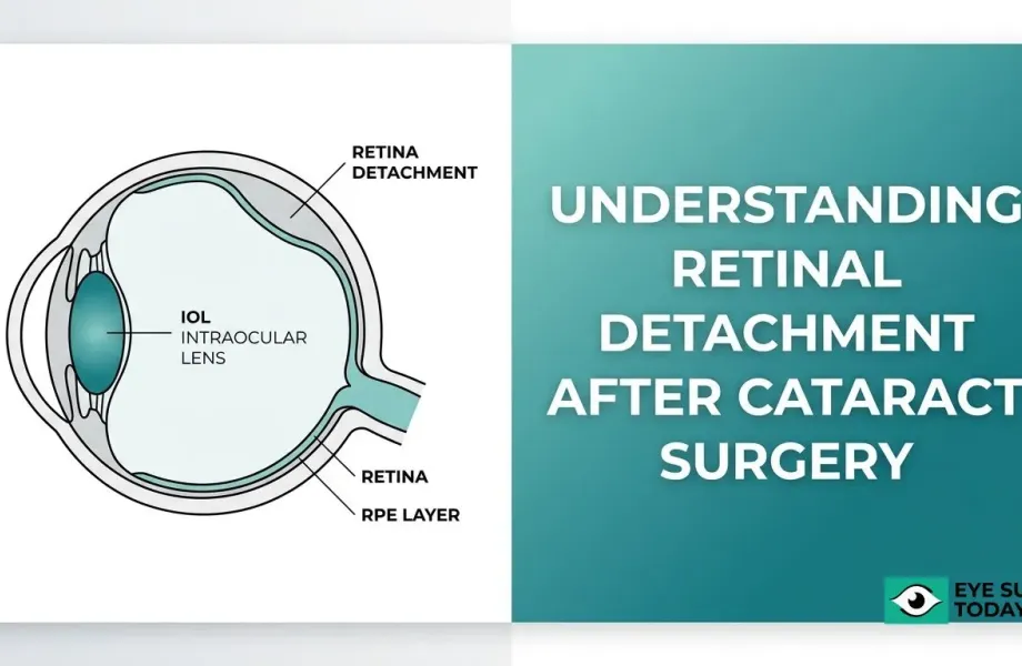 Diagram explaining retinal detachment after cataract surgery, showing the retina, RPE layer, and intraocular lens.