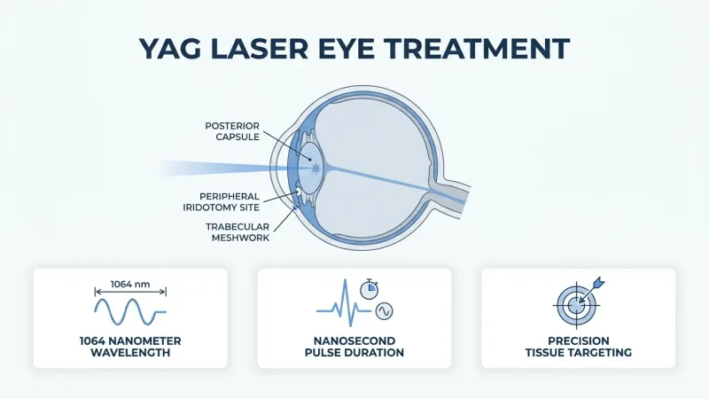 YAG capsulotomy procedure steps showing eye preparation with anesthetic drops, laser application to the cloudy posterior capsule, and post-procedure monitoring.