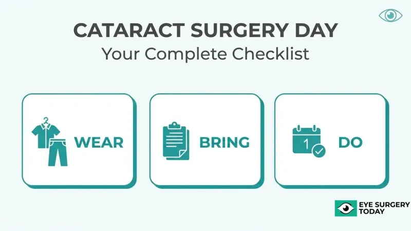 Cataract surgery day checklist showing what to wear, what to bring, and tasks to complete before surgery