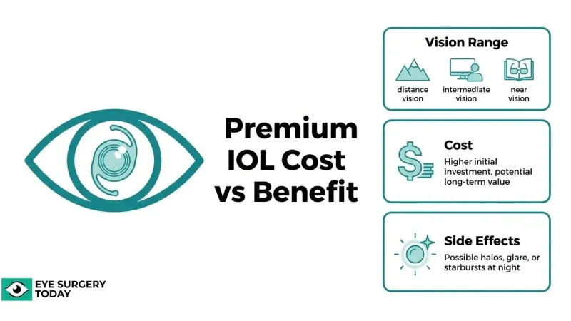 Premium IOL cost versus benefit comparison covering distance, intermediate and near vision, higher initial cost, and possible halos, glare, or starbursts